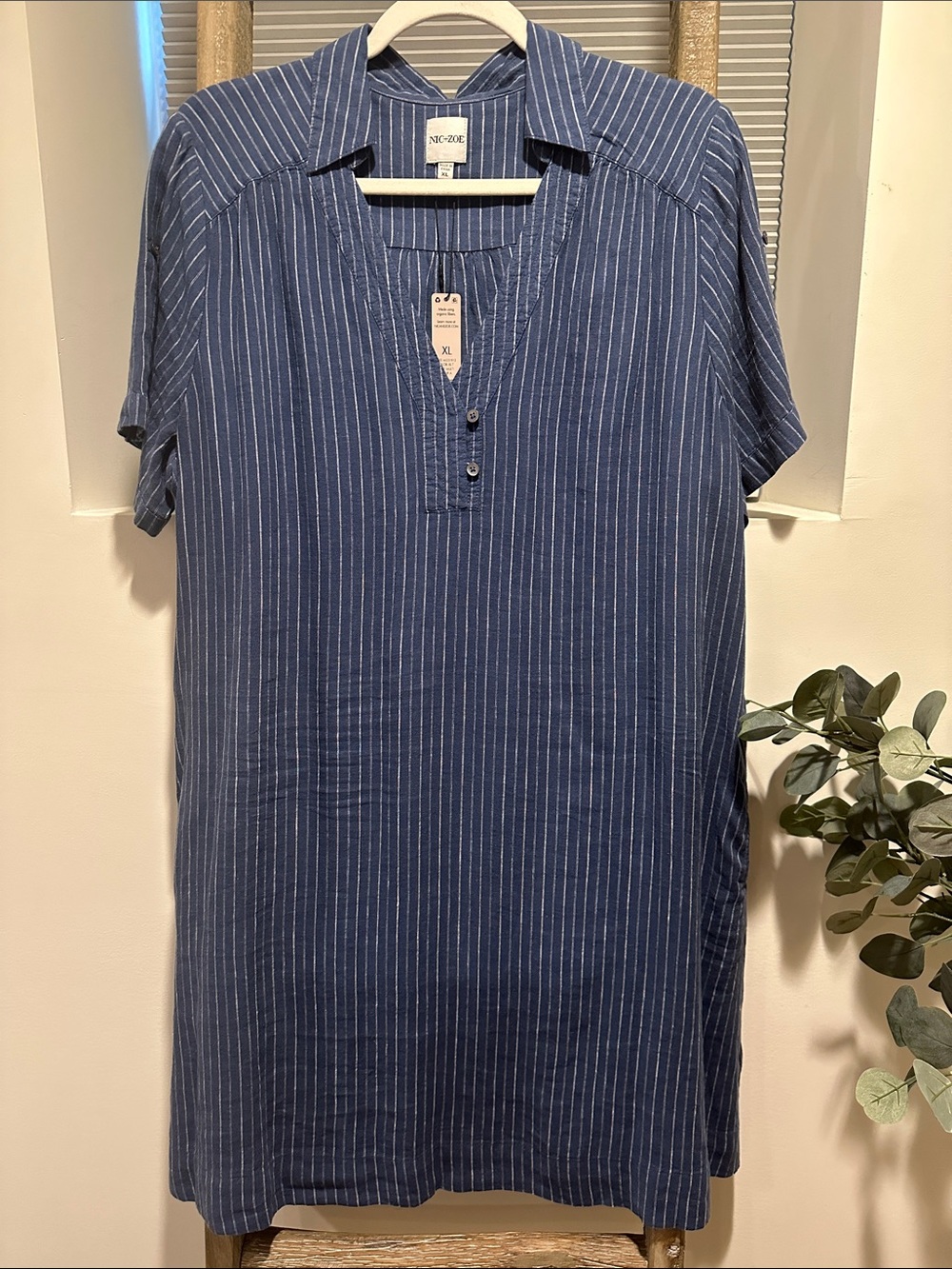 NIC+ZOE Navy and White Pinstripe Shirt Dress